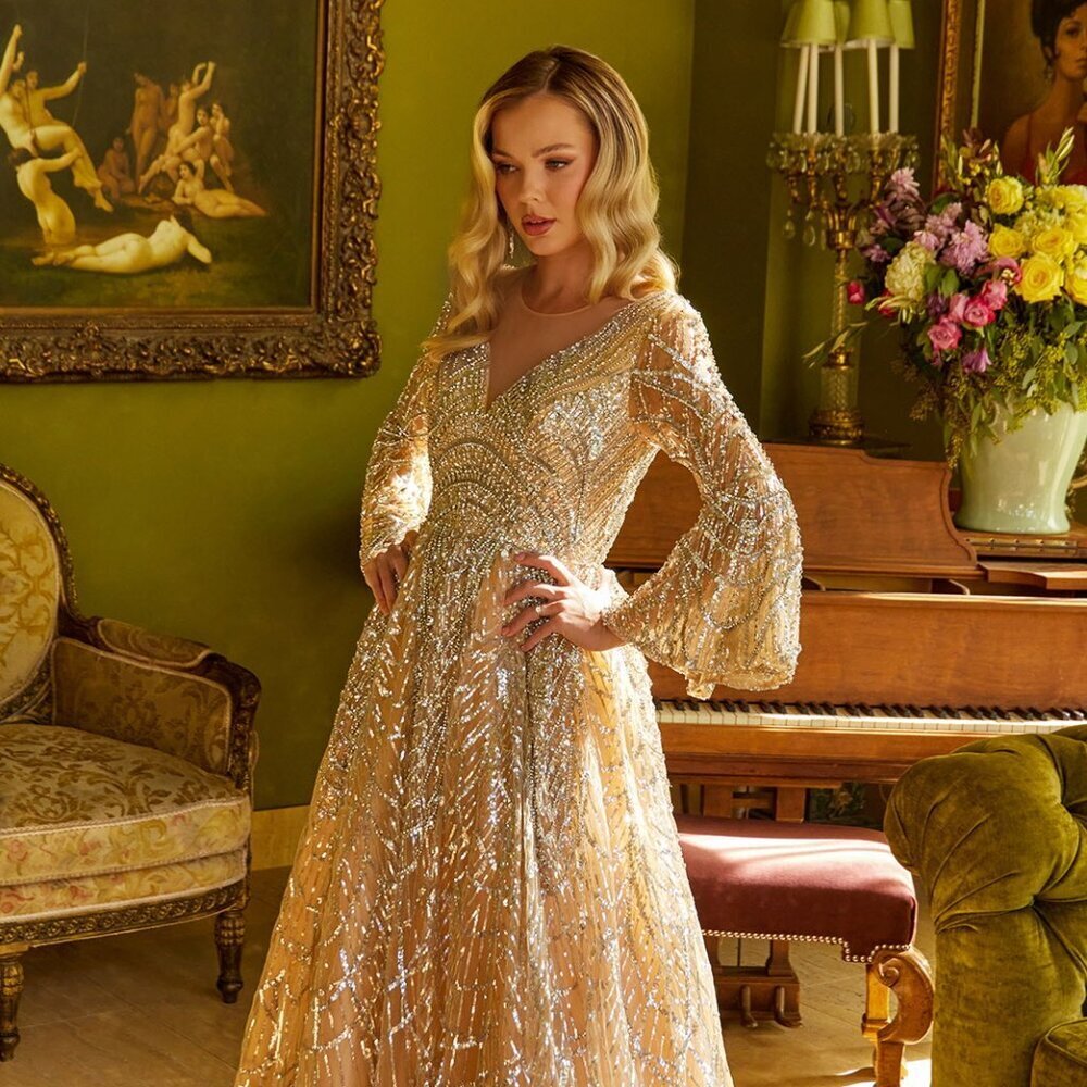 New Mother Of Bride A-Line Long Mesh Gown w/ Bell Sleeves & Zipper Back GL3582